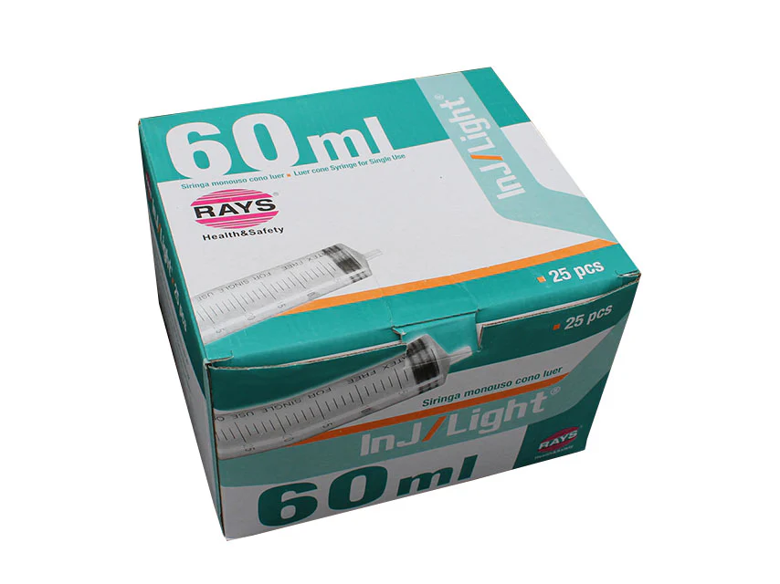 Jeringas Desechables sin Aguja 60 ml de Tres Cuerpos Cono Luer Excéntrico de Inj/Light - Caja de 25 Unidades