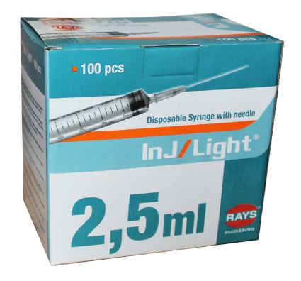 Jeringas Desechables 2,5 ml o 5 ml de Tres Cuerpos Cono Luer Central con Aguja 23G 0,65x30 mm de Inj/Light - Caja de 100 Unidades