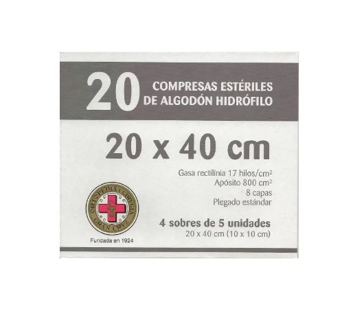 Gasas Estériles de Algodón Hidrófilo 17 Hilos 8 Capas de Gran Cruz 20 x 40 cm - Caja de 20 Compresas (4 Sobres de 5 Unidades)
