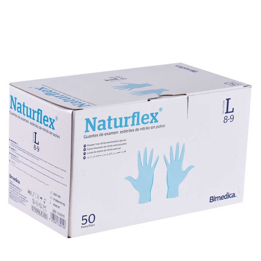 Guantes de Examen Estériles de Nitrilo Naturflex sin Polvo en Color Azul, Tallas S a XL - Caja de 50 Unidades