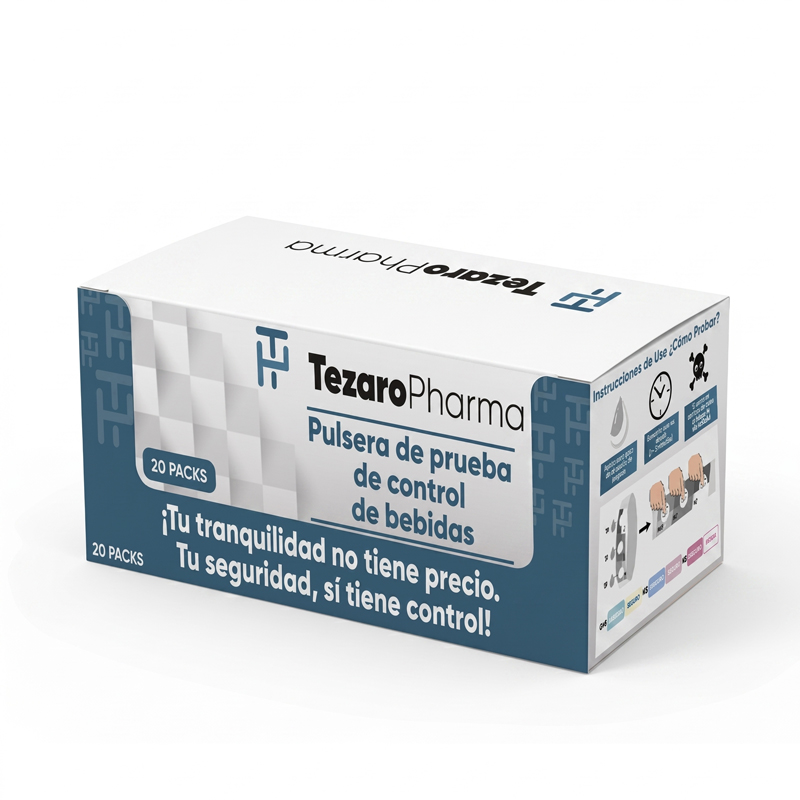 Tezaro Pharma Polsera Detectora de Drogues en Begudes per a Submissió Química amb Triple Detecció de GHB, KET i FLZ - 20 Packs de 10 Tires
