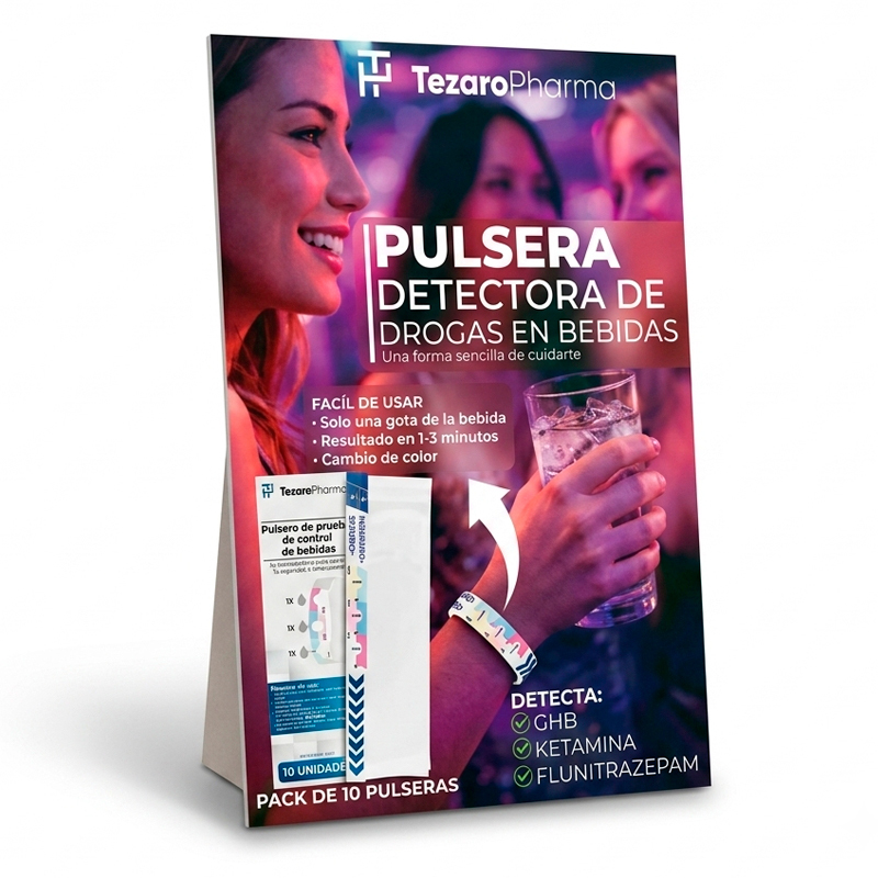 Expositor de Mostrador para Pulsera Detectora de Drogas en Bebidas para Sumisión Química con Triple Detección de GHB, Ketamina y Flunitrazepam - A4