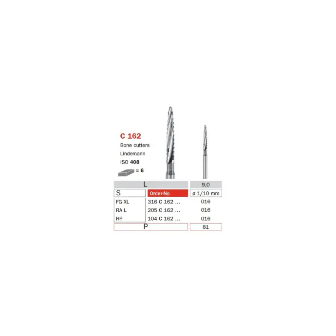 104 HP carbide surgical burs, Ø 1.6 mm, 9 mm tip