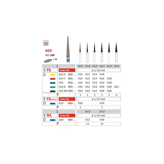 Diamond burs 314 FG, fine, Ø 1.6 mm, tip 10 mm