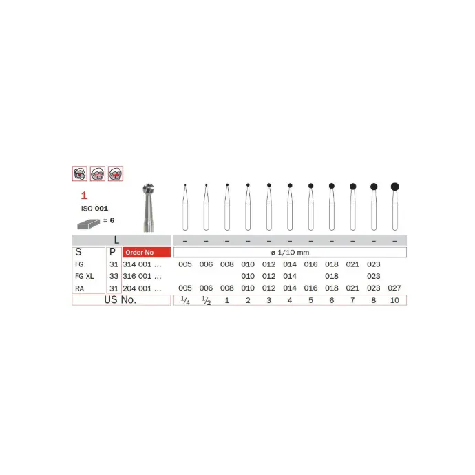 204 RA tungsten carbide burs, medium, contra angle, Ø 1.4 mm