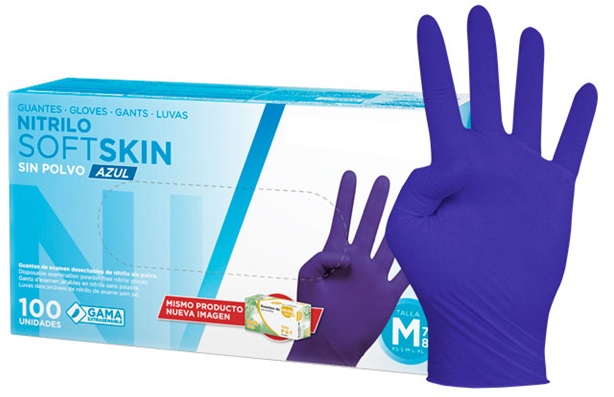 Guantes de Nitrilo Sin Polvo SoftSkin, Tallas XS a XL - Caja de 100 Unidades