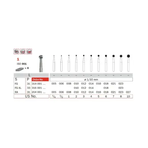 [IU-F204-001-012] Diacarb tungsten carbide RA burs, medium, Ø 1.2 mm, length 22 mm