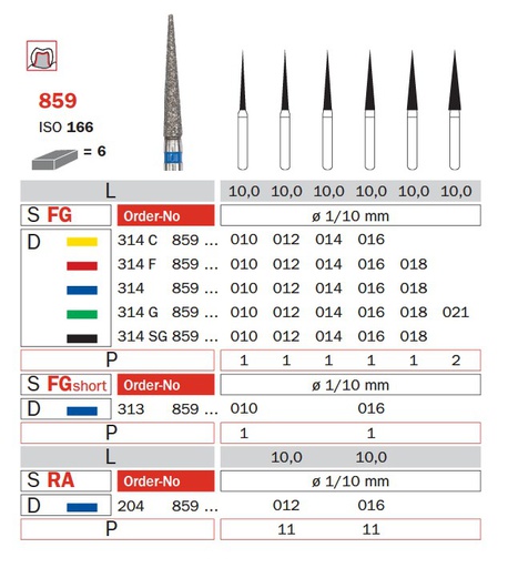 [IU-F314F-859-016] Diamond burs 314 FG, fine, Ø 1.6 mm, tip 10 mm
