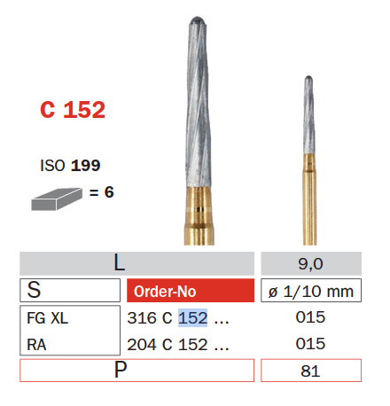 [IU-F316C-152-015] Fresas 316 FG XL, ENDO-Z, Endodoncia - Diámetro de 1.5 mm, Punta de 9 mm, Longitud de 25 mm