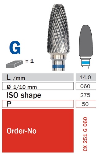 [IU-F1CX-251G-060] CX 251 tungsten carbide burs, Ø 6 mm, tip 14 mm