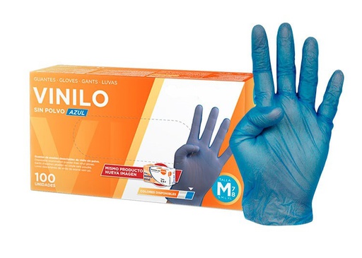 Guantes de Vinilo Sin Polvo Azul, Tallas S a XL - Caja de 100 Unidades