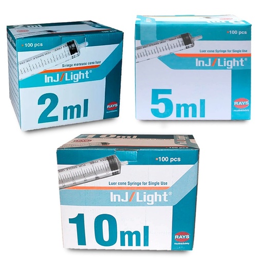 Jeringas Desechables 2 ml, 5 ml o 10 ml sin Aguja de Tres Cuerpos Cono Luer Central de Inj/Light - Caja de 100 Unidades